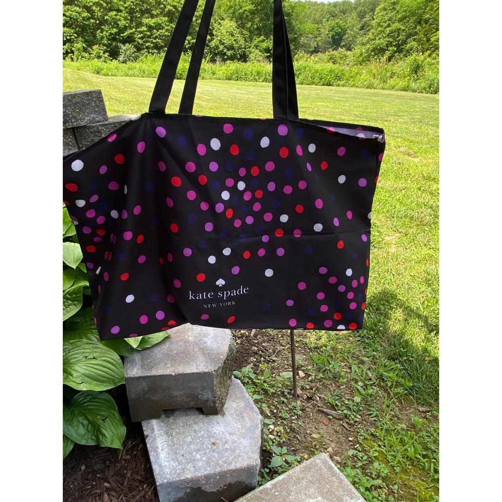 Kate Spade Black Polka Dot Tote Bag Large Nylon Travel Beach Shopper Carryall